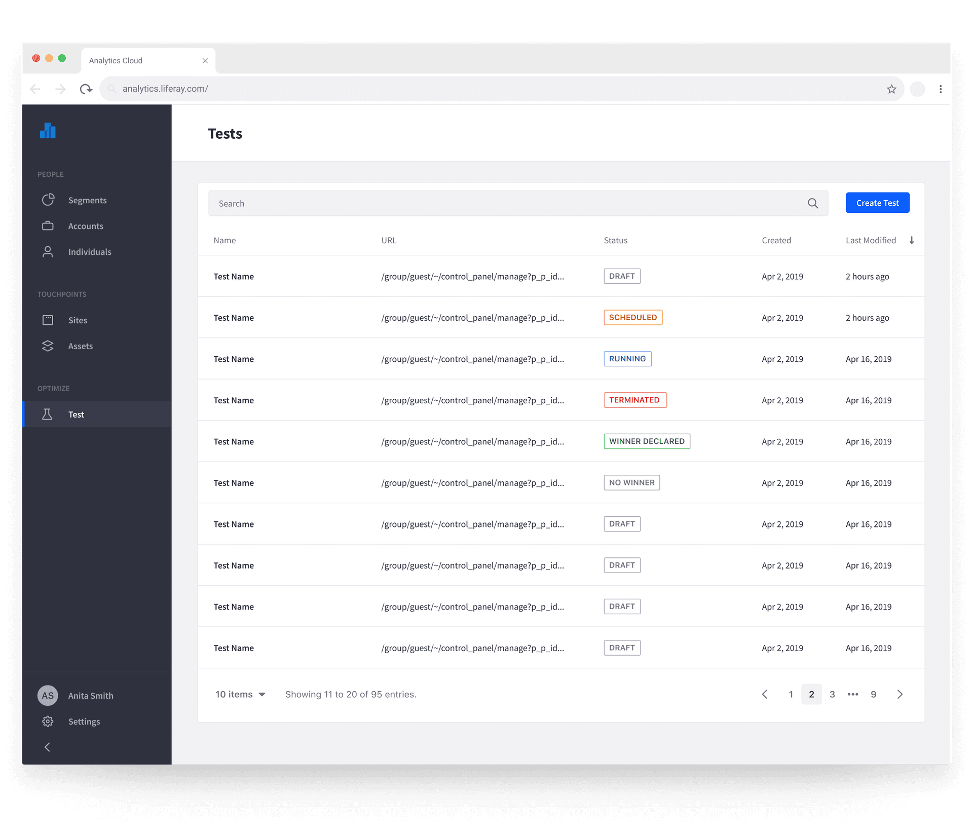 A/B test list interface showing all tests