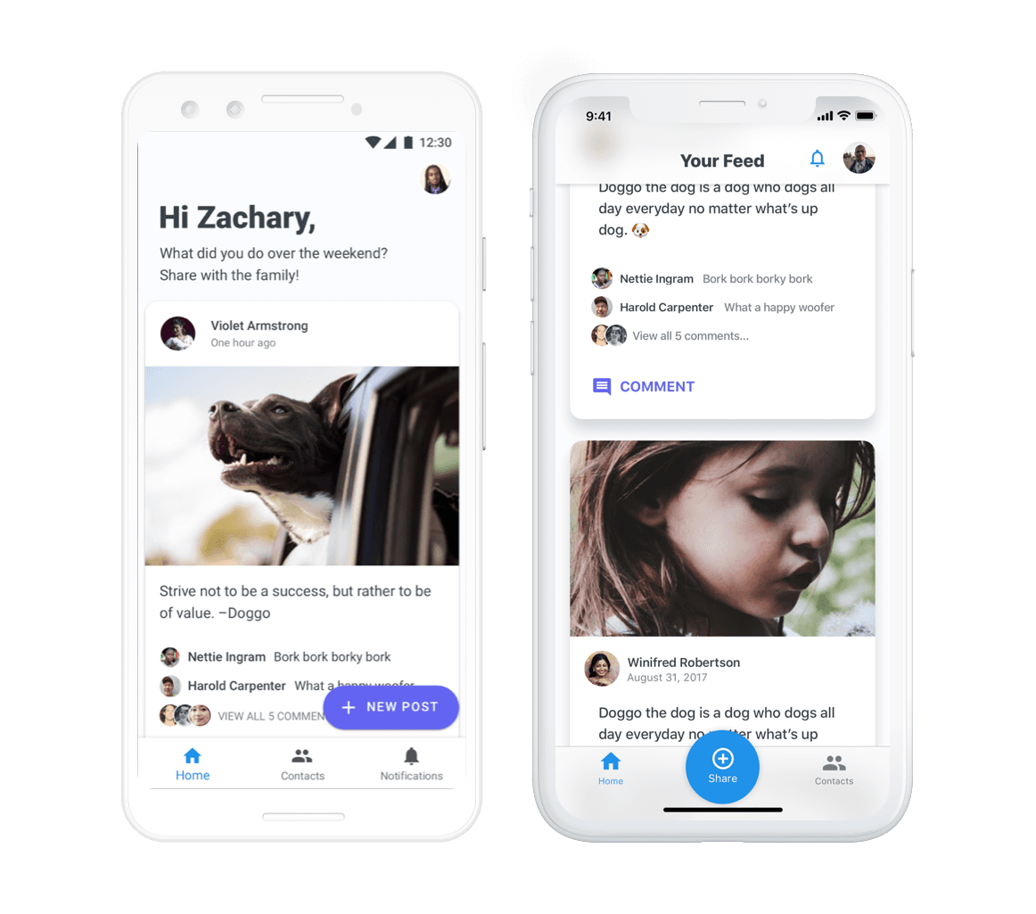 GrandPad app home and photo feed interface