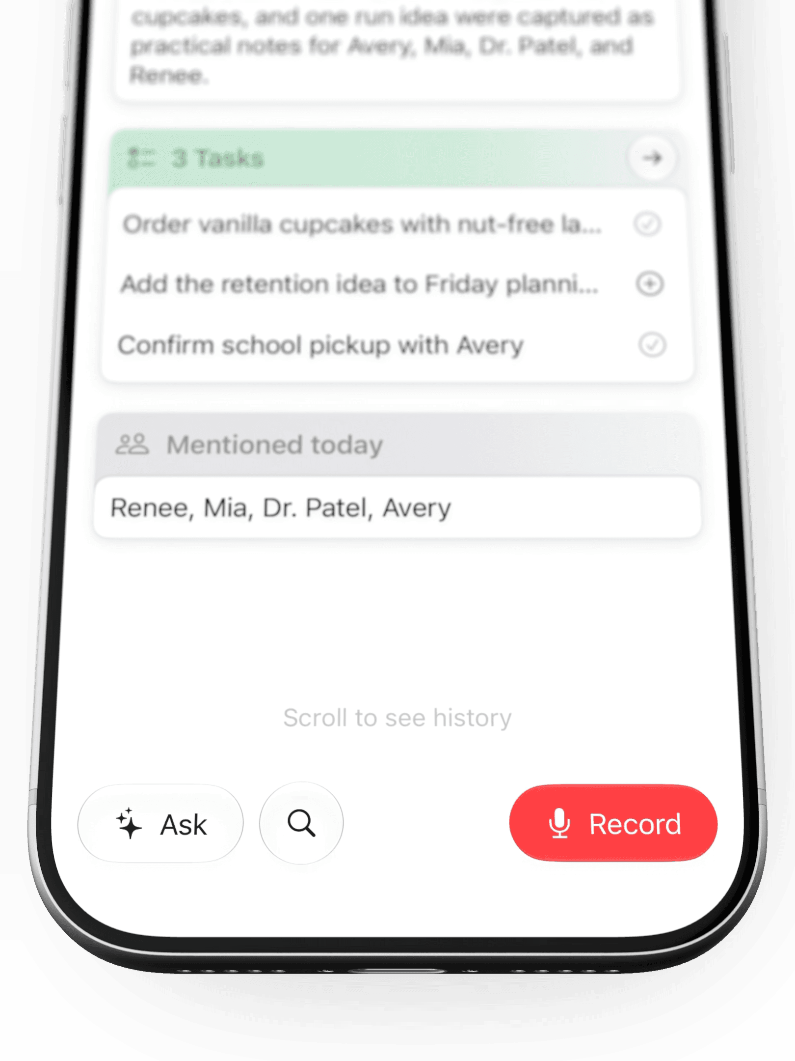 Moment Notes home screen with Ask and Record controls at the bottom, with Record emphasized in red.
