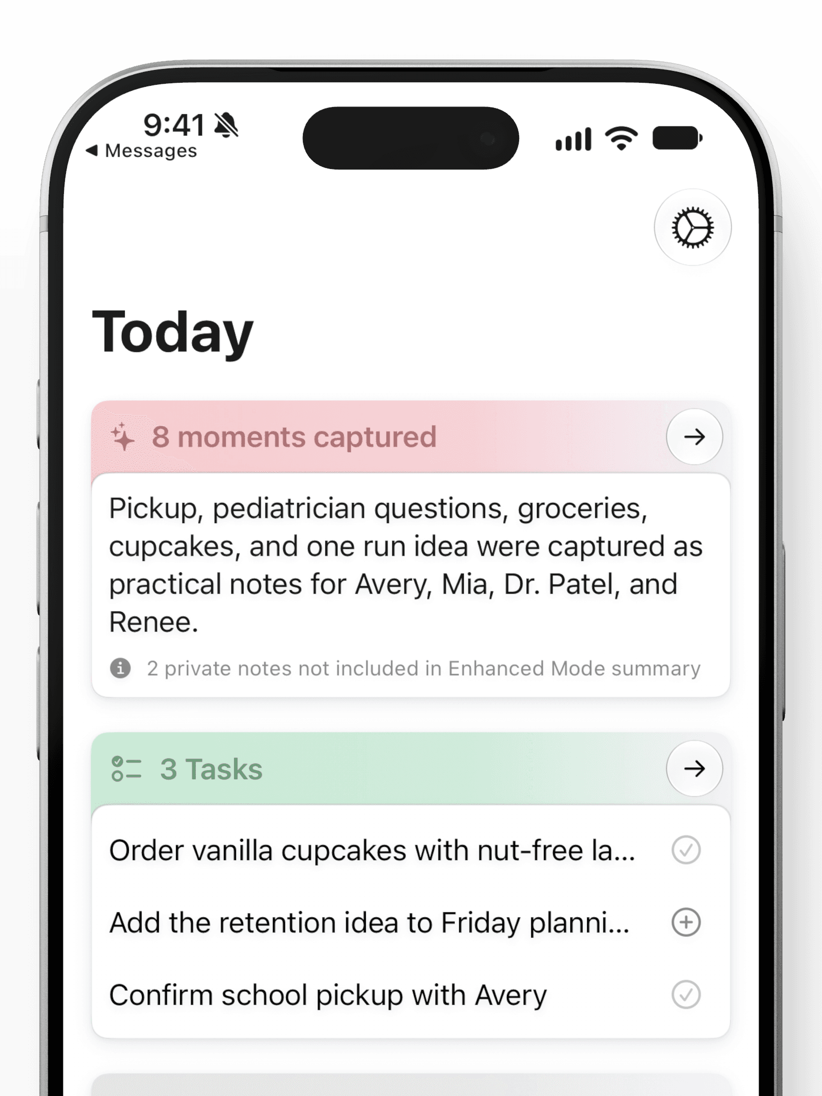 Moment Notes daily summary with a notice that two private notes are not included in the Enhanced Mode summary.